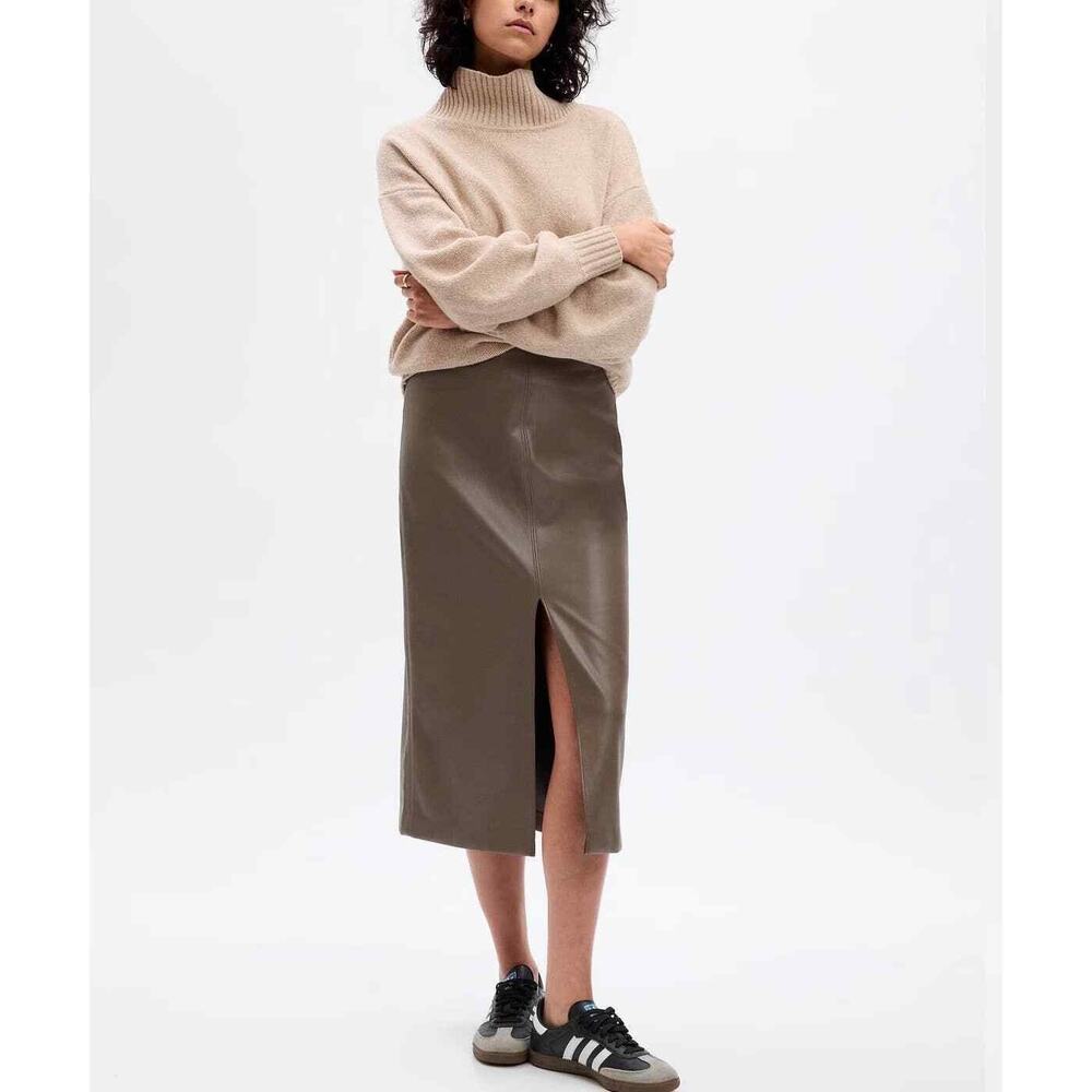 NEW GAP Brown Faux Vegan Leather Front Slit Classic Pencil Midi Skirt 10